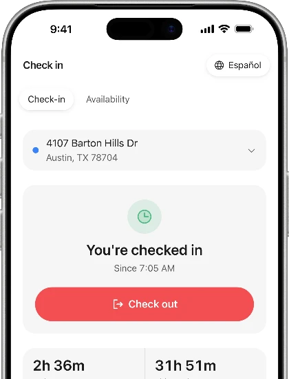 GroundUp Crew on iPhone — checked in, one big button to check out