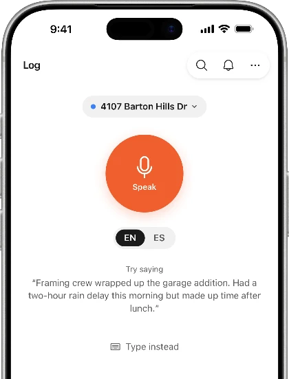 The voice log screen on iPhone — one big Speak button, English or Spanish