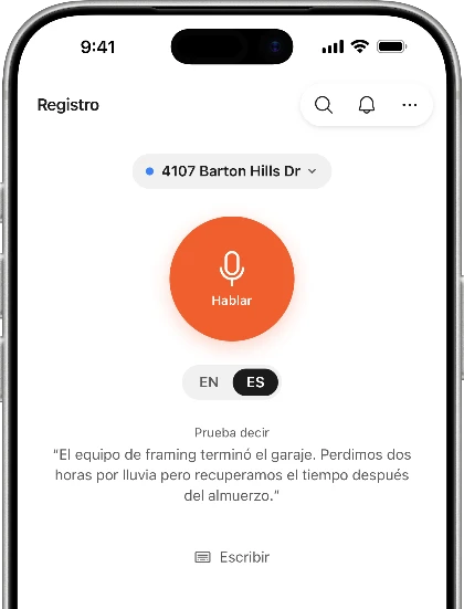 Registro por voz en iPhone — un botón grande de Hablar, en español o inglés