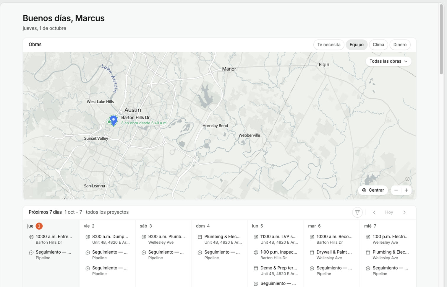 Inicio — un mapa de cada obra con quién está en ella, y la semana en todos tus proyectos