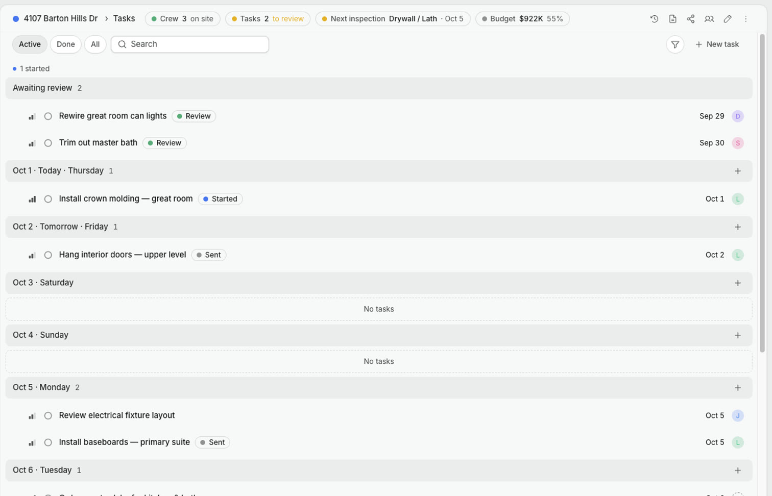 Project tasks — assigned to crew, with photos and due dates