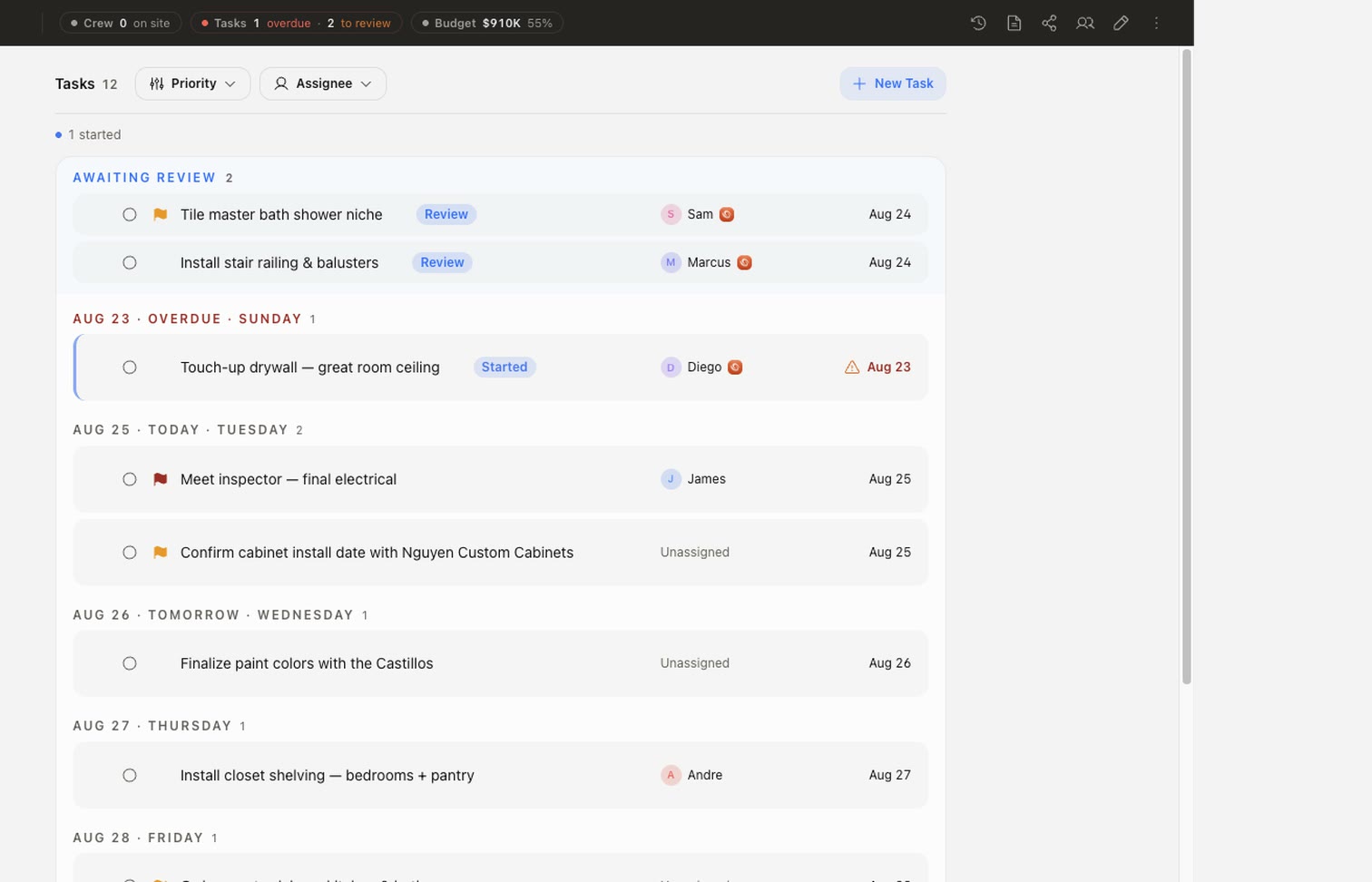 Project tasks — assigned to crew, with photos and due dates