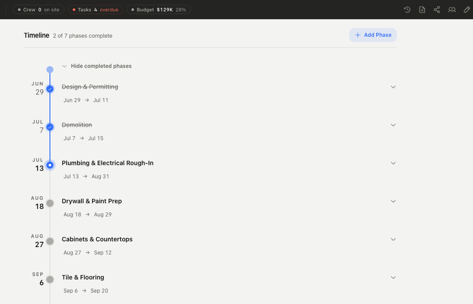 The project timeline — phases, inspections, and the calendar
