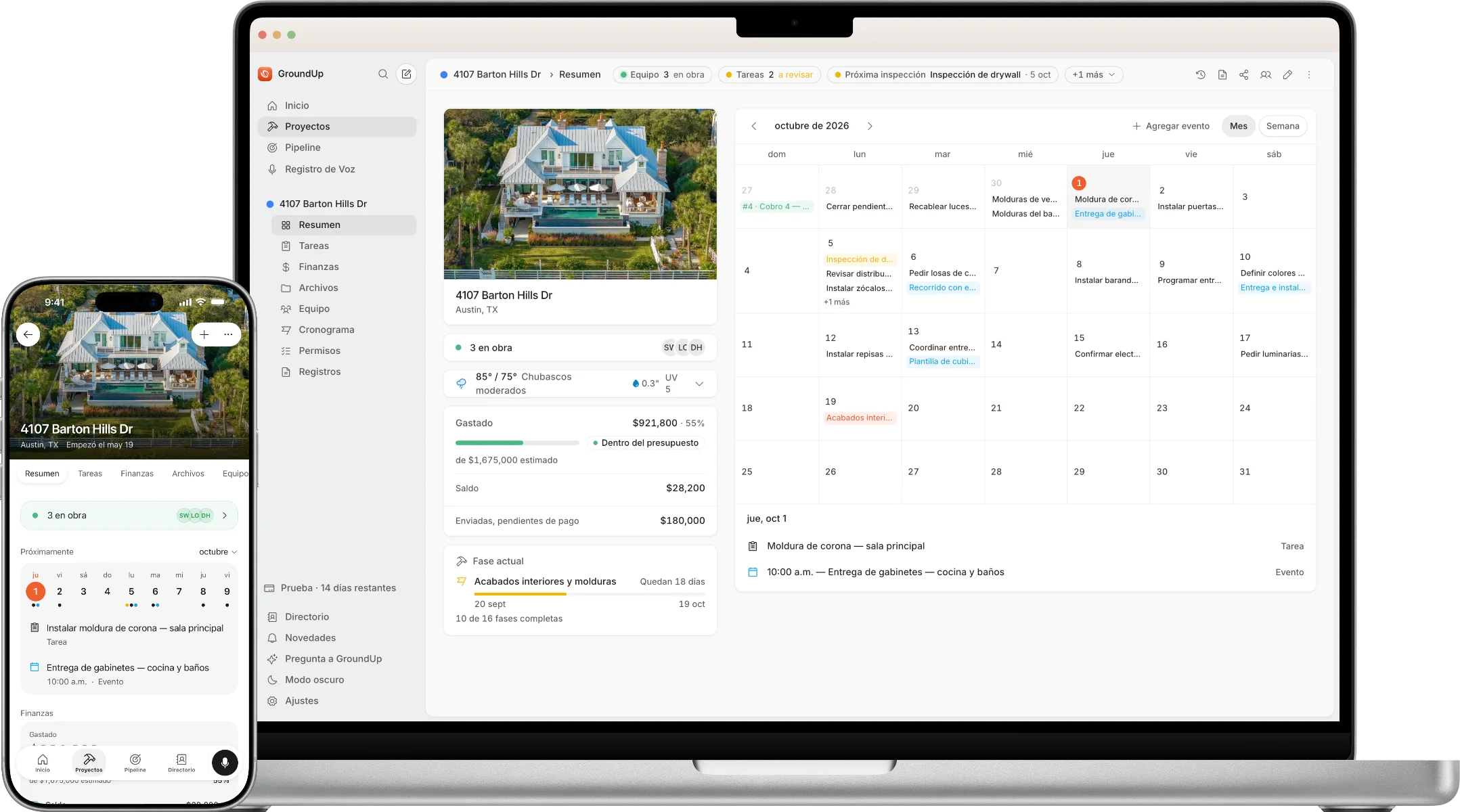 GroundUp en MacBook y iPhone — el mismo resumen del proyecto en vivo en los dos